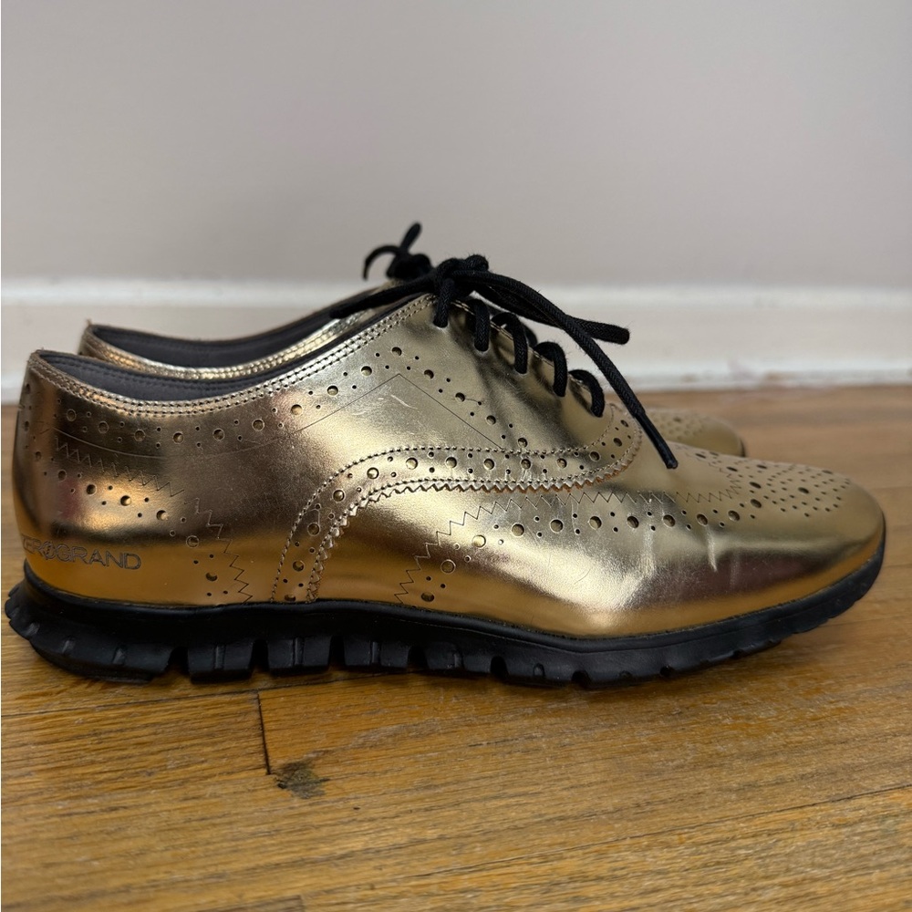 Cole Haan Metallic Gold Wingtip Oxford Flats